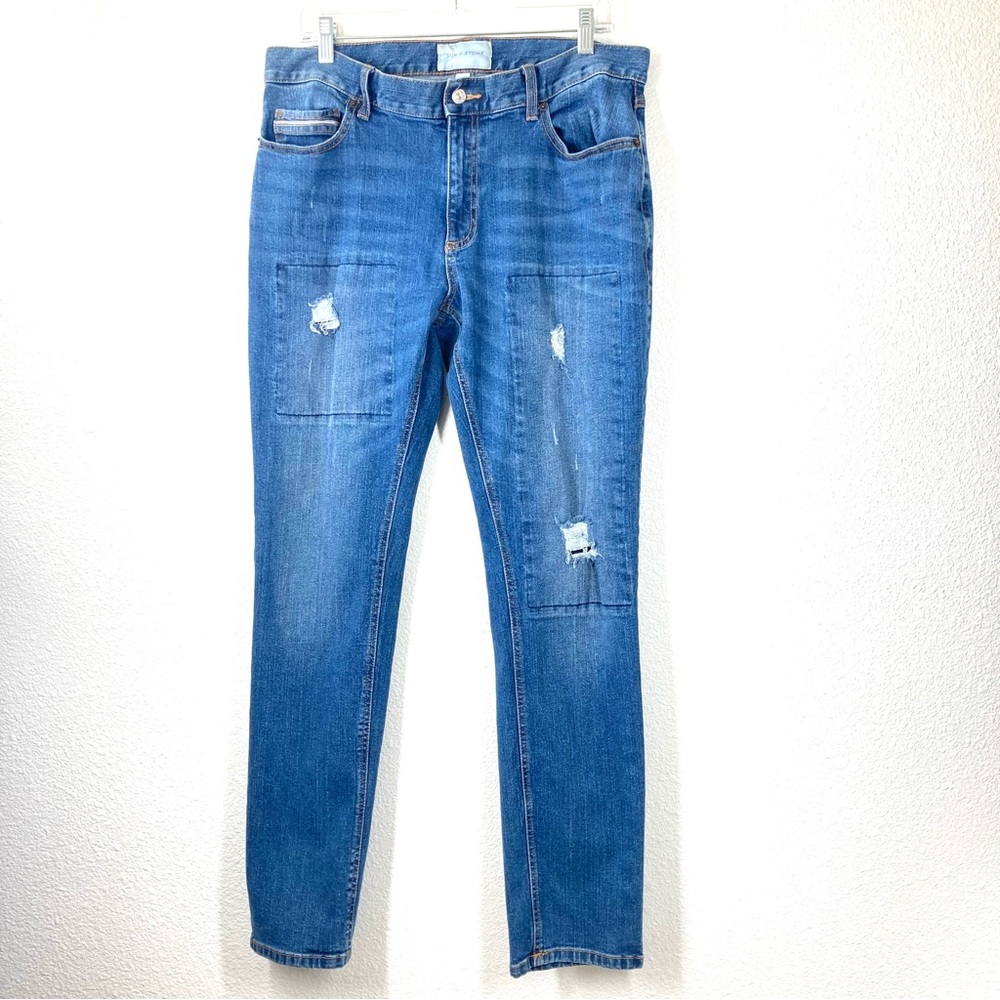 Sun + Stone Mens Blue Jeans Slim Fit Distressed Size 34 x 32 Patchwork Cotton